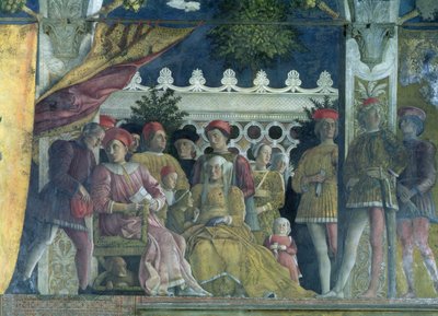 Marqués Ludovico Gonzaga III de Mantua, su esposa Bárbara de Brandeburgo, hijos, cortesanos y su perro Rubino, de la Cámara de los Esposos o Cámara Picta, 1465-74 (detalle) de Andrea Mantegna